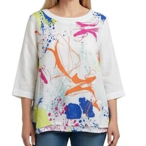 Ali Miles XL 100% LINEN White Pink Tropical Artsy Wearable Art Blouse Shirt Top